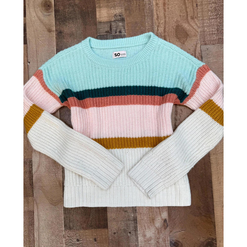 So Striped Aqua,Cream, And Brown Knit Sweater Size L